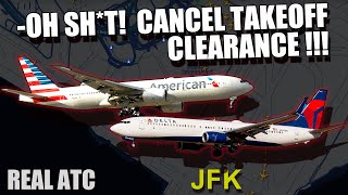 NEAR MISS AT JOHN F KENNEDY AIRPORT Runway incursion REAL ATC [upl. by Yrreiht394]