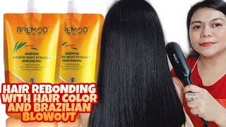 HAIR REBONDING WITH HAIR COLOR AND BRAZILIAN BLOWOUT  New Rebonding Set of BREMOD [upl. by Bernette]