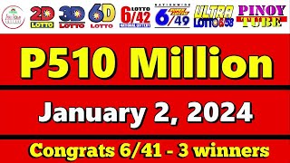 Lotto Result Today 9pm January 2 2024 658 649 642 6D Swertres Ez2 PCSO [upl. by Naiviv807]