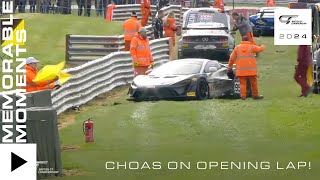 Spin Outs and Crashes on Dramatic Opening Lap  Oulton Park  2024 British GT Championship [upl. by Neyr]