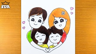 Family drawing easyhow to draw simple familyfamily with 4 members  family easy drawings [upl. by Namien611]