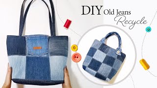 DIY Patchwork Denim Bag Out of Old Jeans Fabric Remnants  Bag Tutorial  Upcycle [upl. by Meade]