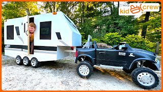 Camping adventure with kids RV trailer and ride on truck sleeping in camper Educational  Kid Crew [upl. by Marilou631]