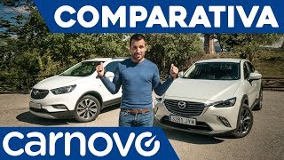 Mazda CX3 vs Opel Mokka X  SUV pequeño  Comparativa  Review  Prueba  Test en español  Carnovo [upl. by Azalea]