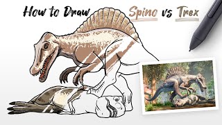 How to Draw Tyrannosaurus Trex vs Spinosaurus fighting dinosaurs from Jurassic World Camp Cretaceous [upl. by Arnaldo]