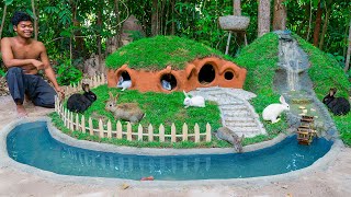 Rescue Rabbit And Turtle Build Hobbit House And Turtle Pond As Pet Building [upl. by Acinnor306]