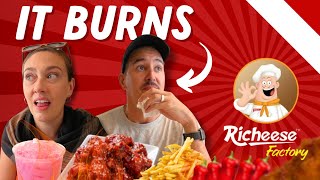 Foreigners Eat Richeese Factory Level 5 Fire Wings 🇮🇩 Indonesia Vlog [upl. by Shu]