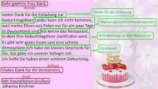 Brief schreiben DTZ A2B1 Ihre Chefin feiert ihren Geburtstag Leider können Sie nicht kommen [upl. by Nagol]