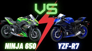 Kawasaki Ninja 650 Vs Yamaha R7  Middleweight Sportbike Shootout [upl. by Aicilram]