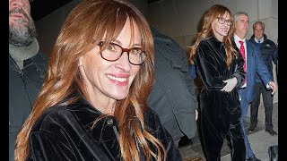 Julia Roberts 56 shows off trademark smile while rocking a stylish black velour jumpsuit for night [upl. by Iorio]