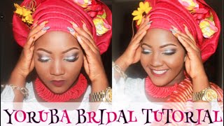 YORUBA BRIDE MAKEUP  GELE TYING  TULIP WRAP TUTORIAL [upl. by Ahsenad789]