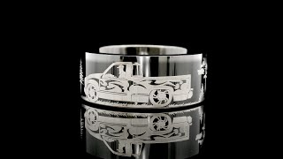 Mens Tungsten Carbide Ring featuring an intricate Car Truck in a Mountain Range and Forest Engraving [upl. by Uela]