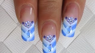 NailArt Design SIMPLE One Stroke Tutorial  in blau  weiss mit Strasssteinchen 23 [upl. by Eelnayr996]