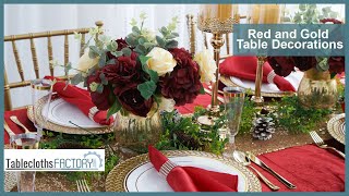 Red amp Gold Christmas Table Decorations  Tableclothsfactoryscom [upl. by Ramsay601]