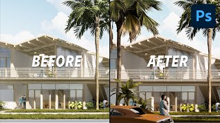 PHOTOSHOP post production on an ARCHITECTURAL RENDER [upl. by Enelia]