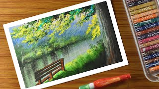 Oil pastel Landscape drawing  Nature Trees lake park scenery step by step [upl. by Laerdna]