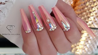 Pink Bling Nails Crystals placement nail art and Aurora chrome applications Luxury nails नाखून [upl. by Hanway]