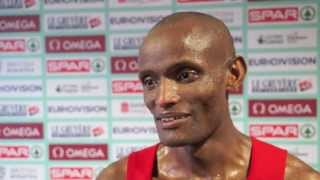 Tarik Langat Akdag TUR after winning the 3000m steeple at Gateshead 2013 ETCH [upl. by Adnohr328]