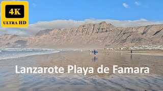 Playa de Famara Beach surfing beach in Lanzarote Canary Islands Spain 4K Walking [upl. by Ellenehc]