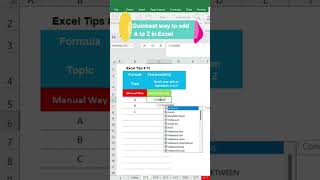 Quick way to add an Alphabets A to Z in MS Excel  exceltips excelspreadsheettips shorts [upl. by Ahtiek]