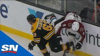 Cale Makar Leaves Game With Injury After Hard Hit From Brad Marchand [upl. by Tratner]