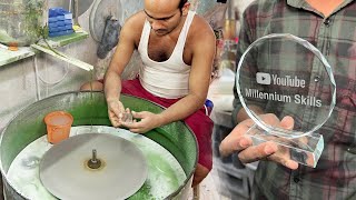 How its Made Crystal Glass Shield Trophy By Skilled Hand Sandblast Glass Design Engraved Trophy [upl. by Aztirak762]