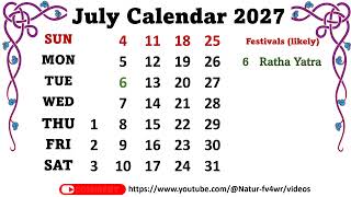 July Calendar 2027 julycalender2027 [upl. by Ainit]