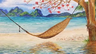 Hammock Seascape Acrylic Painting LIVE Tutorial [upl. by Innob]