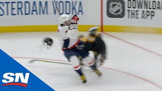 Alexander Ovechkin Sends Brad Marchand Flying With Massive Crunch [upl. by Nhguavaj]