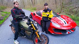 WE RACED Lamborghini Ducati Bike vs Ferrari 488 Pista [upl. by Yurik]