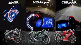 CFMOTO 450SR 🆚️ Kawasaki Ninja 400 🆚️ Honda CBR500R  Stock Acceleration Top Speed [upl. by Atinas]