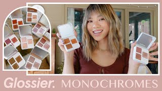 NEW Glossier Monochromes Eyeshadow Review ⭐️ 8 palettes swatched comparison application amp discount [upl. by Rothstein518]