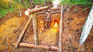 BUILDING a DUGOUT of SIX LOGS  PIT WOODEN FRAME amp CLAY FIREPLACE [upl. by Andros939]