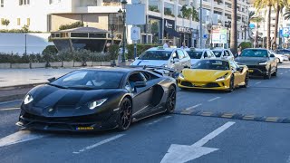 Supercars in Puerto Banus November 2023  5  Ex Max Verstappens Aventador SVJ Novitec F8 Artura [upl. by Nywled596]