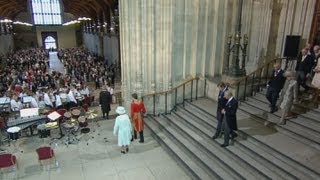 Royal trumpet fanfare as the Queen and her family arrive at Westminster Hall for lunch [upl. by Lenahtan]