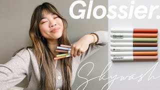 GLOSSIER SKYWASH REVIEW  DISCOUNT CODE All 7 shades swatched amp first impression [upl. by Yenaffit743]