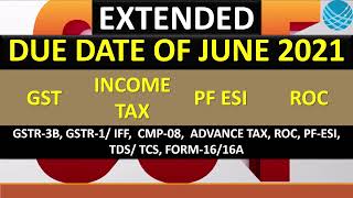 DUE DATE OF JUNE 2021 March April May 2021  GST INCOME TAX TDS ROC PF ESI IEC [upl. by Adnahsal768]