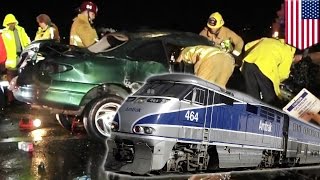 Amtrak train hits car stuck on tracks in Camarillo California near Oxnard station [upl. by Lux635]