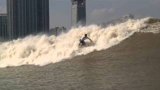 Surfing the Silver Dragon Tidal Bore Qiatang River China 2011 [upl. by Hoo]