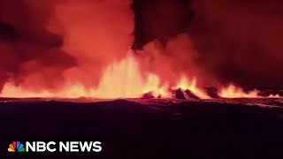 Aerial footage shows Iceland volcano spewing lava [upl. by Nabe240]