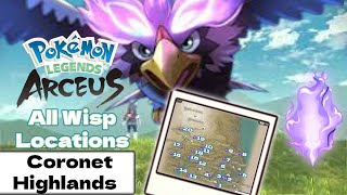 All Wisp Locations Guide Cornet Highlands Request 22  Pokémon Legends Arceus [upl. by Nomis]