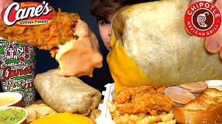 asmr mukbang Chipotle  Canes Giant Burrito Chicken amp fries W Extra Canes Sauce amp Cheese [upl. by Ecienal988]