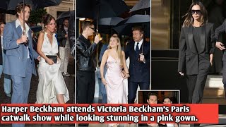 Harper Beckham attends Victoria Beckhams Paris catwalk show while looking stunning in a pink gown [upl. by Tannen914]