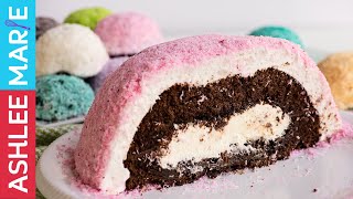 GIGANTIC Hostess Sno Ball cake  copycat recipe snack size too  with guests The Adventures of 7 [upl. by Yauqaj]