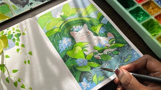 A Cute Cat in the Rain Painting With Jelly Gouache  Starting A New Sketchbook  Cozy Art Video [upl. by Miche]