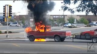 RAW VIDEO FOOTAGE Truck catches fire while driving on Broadway [upl. by Schwitzer]