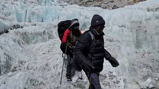 day 10 Everest base camp trek negotiating through the icy trail below Cho La Pass [upl. by Mcgrody688]