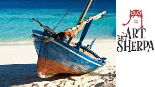 Boat on the beach Step by Step Acrylic Painting on Canvas for Beginners  TheArtSherpa [upl. by Yard]