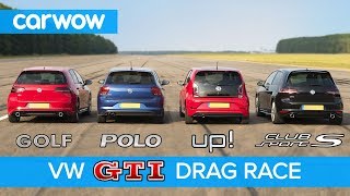 VW Golf GTI v Polo GTI v Golf Clubsport S v Up GTI  DRAG amp ROLLING RACE  carwow [upl. by Enyamart]