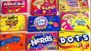 Filling Cups With Candy  Unboxing Candies Nerds Warheads Dots Sour Patch kids Runts Blow POP Minis [upl. by Theresina]